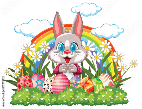Cute Easter Bunny with Colorful Eggs and Rainbow in Garden