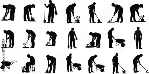 Black vector silhouette set of diverse gardeners and farmers planting digging and using wheelbarrows for agriculture landscaping backyard garden and outdoor nature design