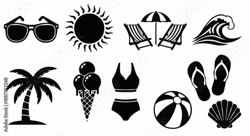 Summer Beach Holiday Icon Set Featuring Palm Tree Silhouettes, Swimwear, Tropical Ice Cream, and Coastal Vacation Elements