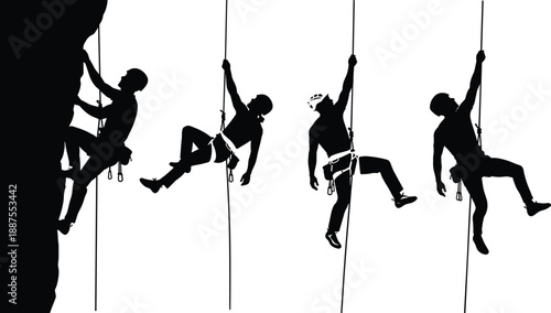 Black vector silhouette set of four rock climbers and rappellers ascending a cliff and descending on ropes for extreme sports mountain adventure and outdoor design