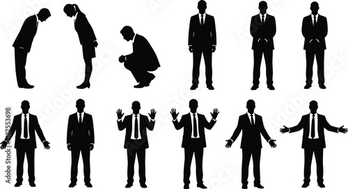 Black vector silhouette set of professional businessmen and businesswomen in formal suits bowing standing and gesturing for corporate office culture and etiquette design