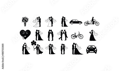 Black vector silhouette set of wedding couples brides and grooms with flower bouquets hearts cars and bicycles for romantic marriage celebration and invitation design