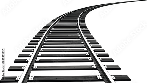 Perspective view of a long curving railway track with wooden sleepers leading into the distance for transportation travel logistics and industrial infrastructure design