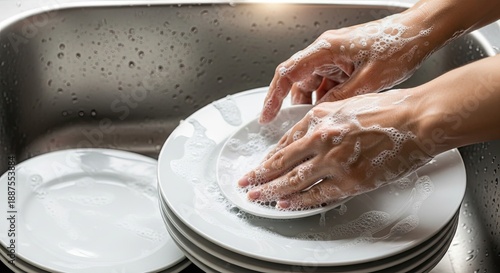 Hands washing dishes in kitchen sink
