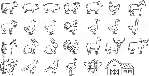 Farm animal line icon set with livestock poultry barn and insects for agricultural and rural life branding