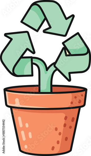 Earthen Pot With Recycling Arrows Sprouting Pastel Terracotta And Mint Minimalist Flat Vector Illustration