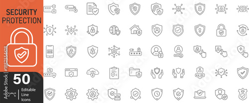 Security Protection In Modern Editable Thin Stroke Line Style Icons set Collection Of Security Related Icons Shield, Lock, Guard And More Isolated On Transparent Background
