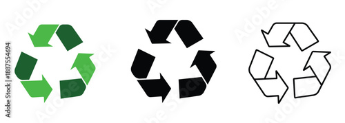 Recycle icon symbols. Silhouette of recycle out line icon vector. Green color recycle symbol and sign. Vector illustration.