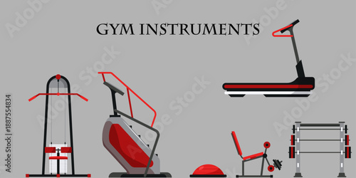 Gym instruments illustrated in grey color background, modern gym equipment for sports activities 