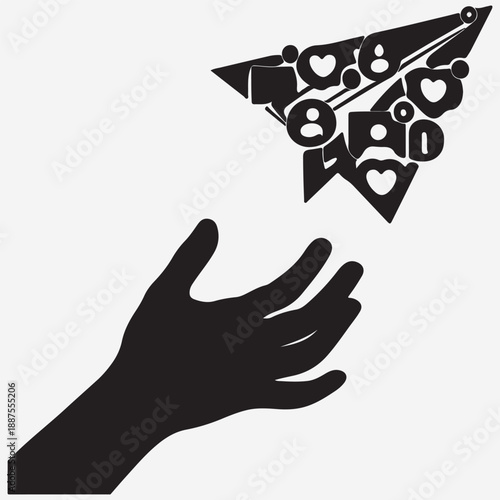 Hand silhouette releasing a paper airplane icon, representing sending messages, communication, and ideas isolated white background
