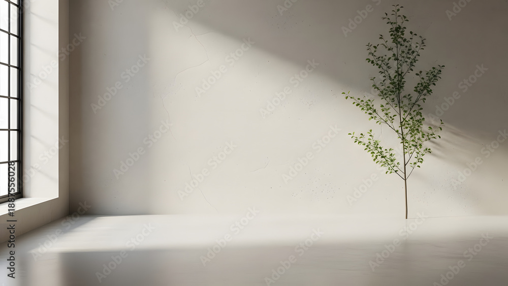 Obraz premium Interior scene with a lone tree bathed in sunlight from a large window casting shadows on the wall