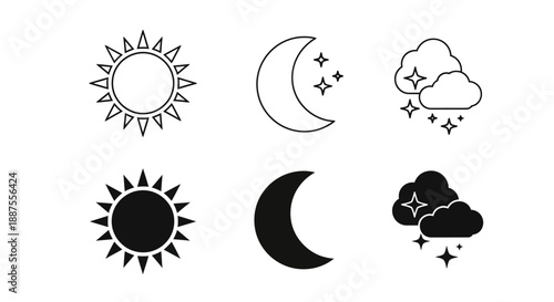 Night icon of the moon with stars and sun icon, vector on white background.