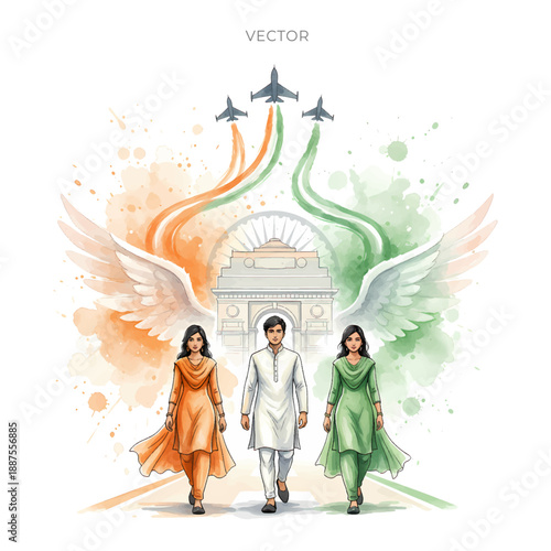 Indian modern republic day background and patriotic people ramp walk at india gate.