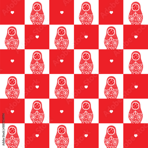 Russian red Matryoshka. Cute babushka. Seamless pattern. Can be used in textile industry, paper, background, scrapbooking.Vector