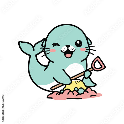 Cute blue cat with a pink nose digging a hole with a shovel and finding a yellow black whiskers