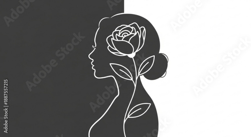 Woman's silhouette with rose on head in black and white symbolizing beauty and nature