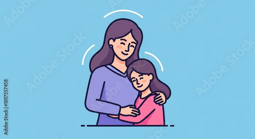 Mother and daughter sharing a warm hug expressing love and comfort on a soft blue background with a gentle vibe