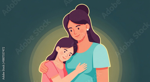 Warm illustration of mother and daughter embracing with love and care in a cozy atmosphere
