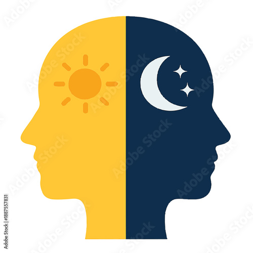  Face Profile Silhouette with Day and Night Icons isolated white background
