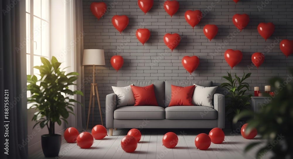 Obraz premium Happy valentines day decorations with red balloons and romantic couch setup