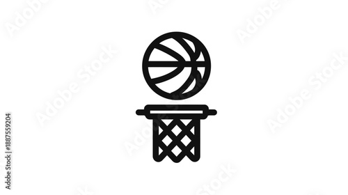A black and white graphic icon of a basketball above a hoop