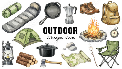 アウトドアとキャンプ用品のデザインアイテムセット｜テント・焚き火・寝袋・調理器具・リュックなど手描き風キャンプギア素材