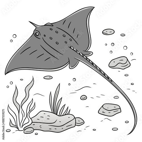 Illustrated ray fish swimming above coral reef