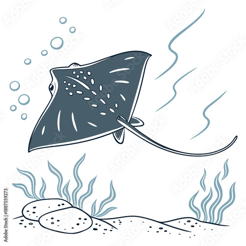 Illustrated flying fish above ocean floor