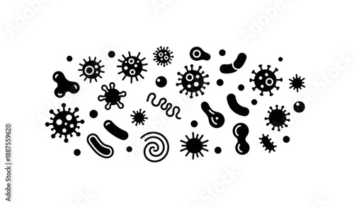 Abstract Black Bacteria and Virus Silhouettes Collection Isolated for Medical Infographics