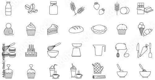 Baking and Dessert Line Icons: Milk, Jam, Cookies, Cakes, Pastries, Whisks, Mixers, Utensils, Cupcakes, Croissants, Ice Cream, Bread, Pie, Chocolate, Strawberries
