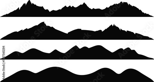 Mountain and hill silhouette landscape set, nature skyline vector collection with layered terrain shapes for outdoor design, minimal scenery, hiking and adventure backgrounds