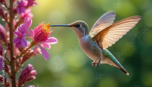 Tiny hummingbird hovers with wings blurred in rapid motion while carefully extending its long needle-like bill toward the vibrant pink and orange blossom of a blooming garden flower bathed in soft sun