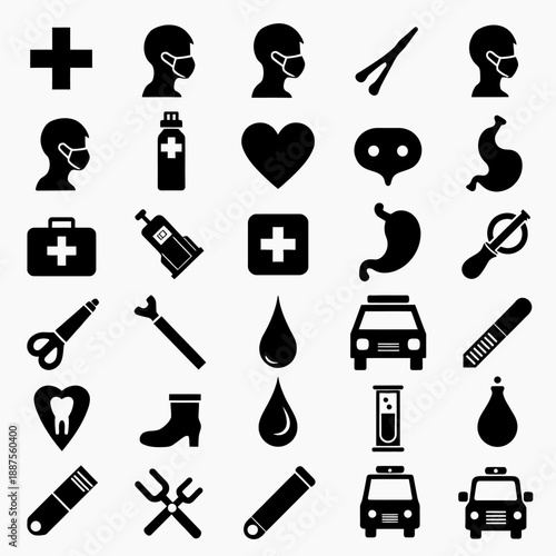 Solid Black Surgical and Emergency Healthcare Glyph Icons Vector Collection