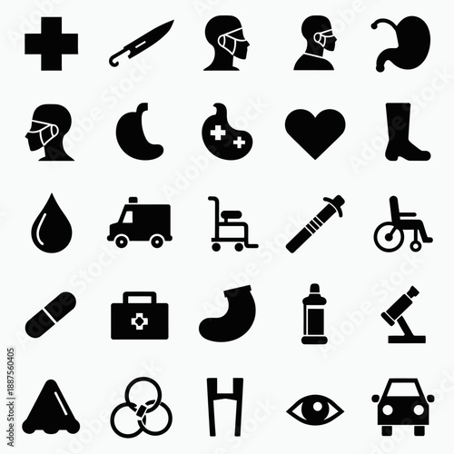 Solid Black Surgical and Emergency Healthcare Glyph Icons Vector Collection