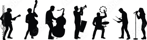 Silhouettes of diverse musicians performing with guitar, double bass, trumpet, percussion and vocals, representing dynamic live band performance with artistic concert energy and musical expression