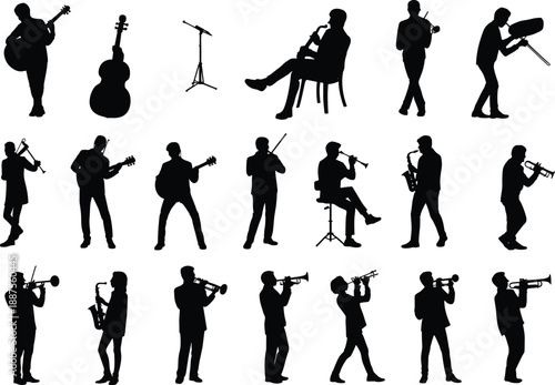 Silhouettes of diverse musicians performing with guitar, trumpet, saxophone, violin and trombone, illustrating artistic live concert atmosphere, musical expression and dynamic stage performance