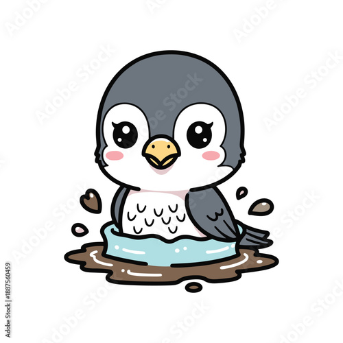 Cute cartoon penguin with fluffy belly sitting in a puddle of water
