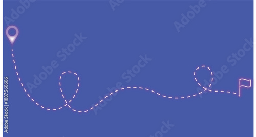 Dotted Neon line art with location pointer and flag, address, map pointer sign on isolated background. Travel map icon with curve dotted path