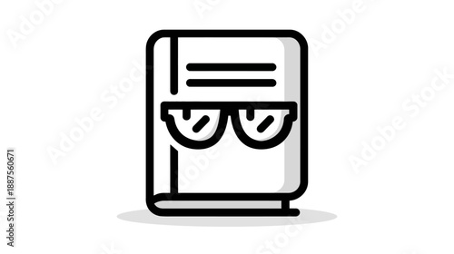 A line drawing of a closed book with glasses; represents reading, knowledge, and education