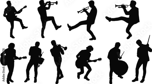 Silhouettes of energetic musicians performing with electric guitar, trumpet and percussion, showcasing dynamic live concert movement, expressive band performance and artistic musical stage atmosphere