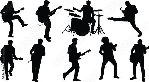 Silhouettes of energetic rock musicians playing electric guitar, trumpet and drums, capturing dynamic live concert movement, artistic band performance and expressive musical stage atmosphere