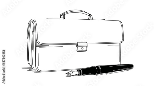 A black and white illustration of a briefcase with a pen, likely for business