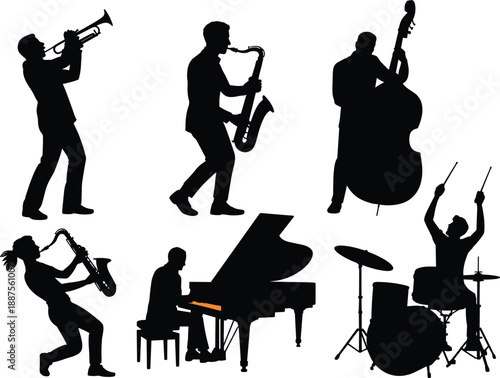 Silhouettes of jazz musicians performing with trumpet, saxophone, double bass, piano and drums, expressing dynamic live concert atmosphere, artistic musical expression instrumental stage performance