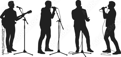 Silhouettes of singers performing with microphones and guitar on stage, expressing live concert atmosphere, artistic vocal performance and dynamic musical entertainment scene