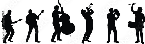 Silhouettes of talented musicians performing with electric guitar, bass, double bass, trumpet and percussion, illustrating dynamic live band energy, musical expression and artistic concert atmosphere