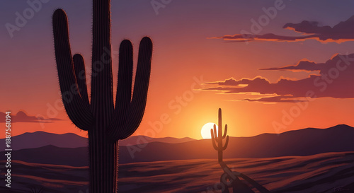 Cactus in the desert at sunset