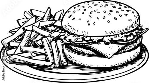 A black and white line drawing of a hamburger with fries on a plate
