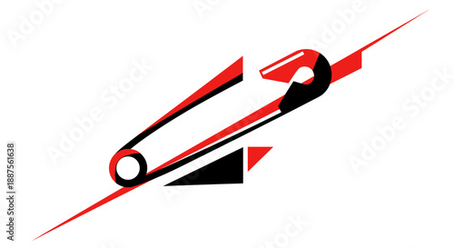 Abstract illustration of a bent safety pin in red and black, isolated on a white background, showcasing geometric shapes and dynamic lines