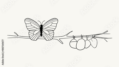 Black and white minimalist illustration of a butterfly on a branch with hanging eggs