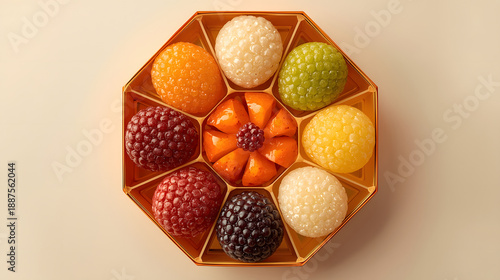 An overhead view of a beautiful octagonal box filled with an assortment of colorful traditional Japanese wagashi sweets, featuring various textures and vibrant hues.